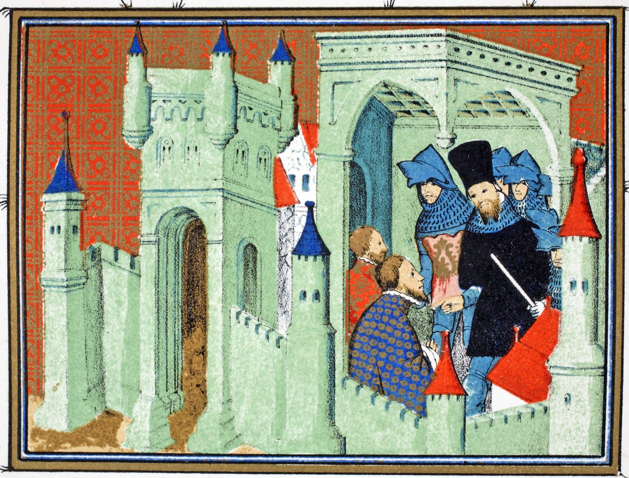 Chesterin linnan sisätilat, kun Exeterin ja Surreyn herttuat toimittavat Kings-sanoman Lancasterin herttualle, faksikopio Jean Cretonin Le Prinse et Mort du Roy Richartista, uusintapainos 1800. tekijältä French School