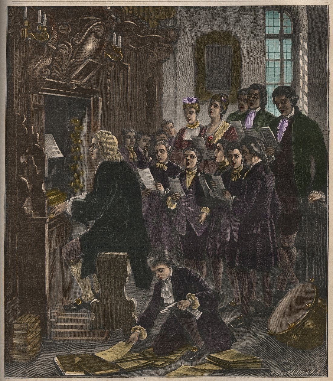 Johann Sebastian Bach soittaa urkuja St Thomas Schoolissa Leipzigissä, kuvitus teoksesta La musique populaire, 1882 tekijältä French School