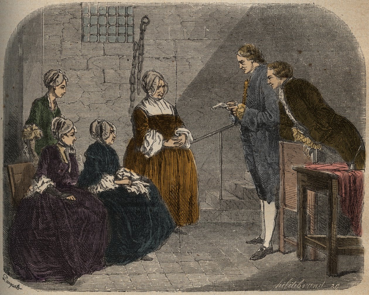 Madam Calas kahden tyttärensä kanssa kuuntelee miehensä Jeanin oikeudenkäynnin tuomiota, kuvitusta Armand Fouquierin teoksesta Causes celebres de tous les peuples, 1858-67. tekijältä French School