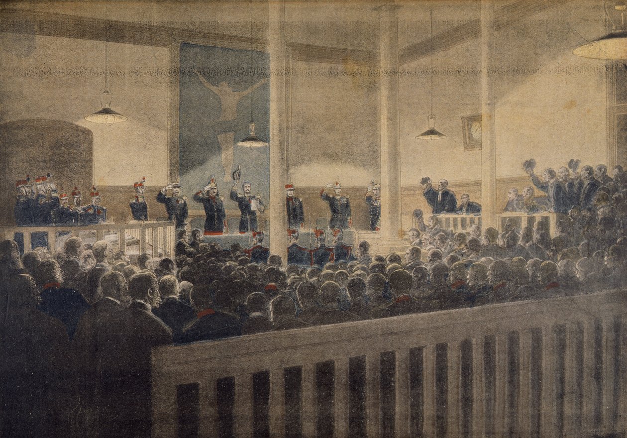 Majuri Esterhazy sotaoikeuteen, lukee päätöksen, kuva Le Petit Journalin kuvitetusta liitteestä, 23. tammikuuta 1898 tekijältä French School