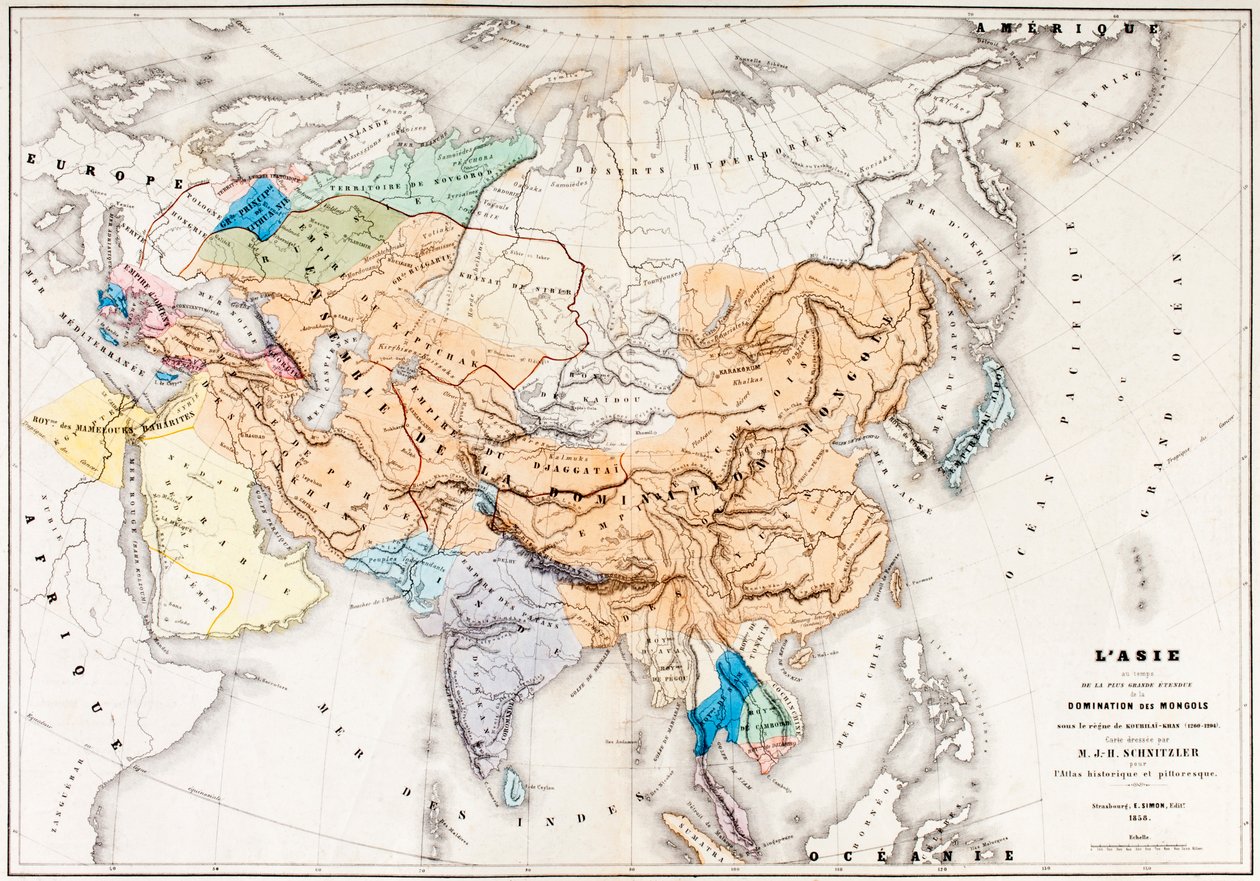 Aasian kartta mongolien suurimman vallan aikana Kublai Khanin hallituskaudella, LHistoire Universelle Ancienne et Modernesta, julkaistu Strasbourgissa n. 1860 (värillinen fi) tekijältä French School