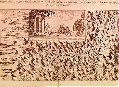Valtelinen kartta, jonka Ludvig XIII (1601-43) Ranskan ja Navarran kuningas palautti Sveitsille, 1626 tekijältä French School