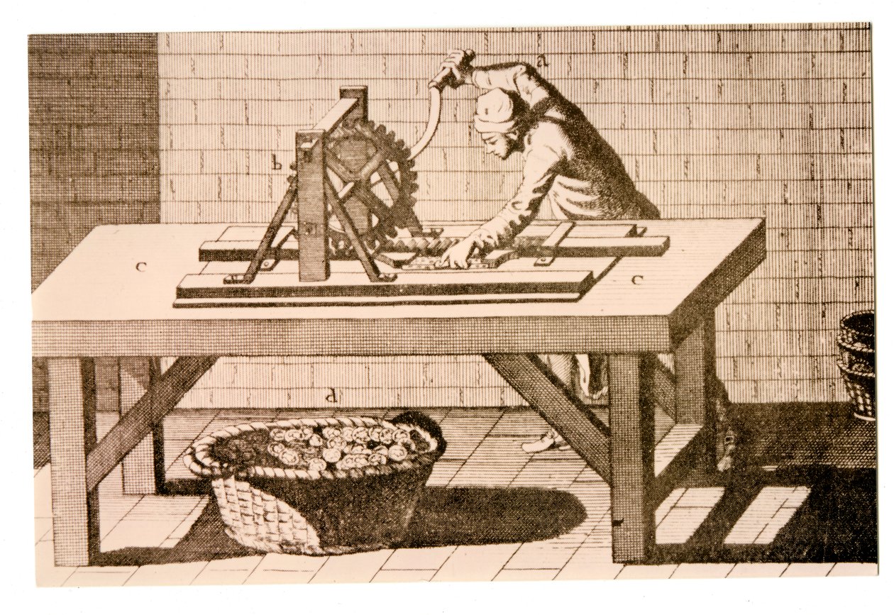 Kolikoiden reunojen merkitseminen suuntaviivaisella reunamerkintäkoneella, Denis Diderot