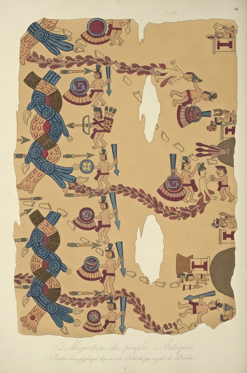Atsteekkien vaellus, Berliinin kuninkaalliseen kirjastoon konservoitu hieroglyfimaalaus, kuva Alexander von Humin teoksesta Näkymät Cordilleraille ja Amerikan alkuperäiskansojen monumenteille tekijältä French School