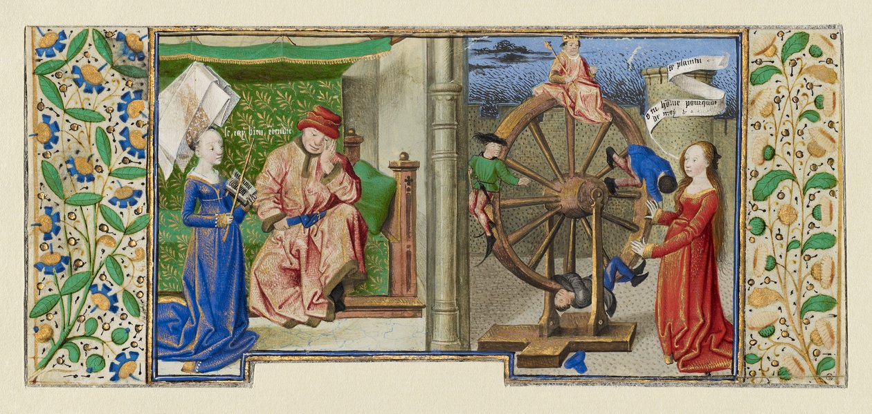 Miniatyyri Boethiukselta, Consolation de philosophie, n. 1460-1470 (tempera, lehtikulta ja muste pergamentilla) tekijältä French School