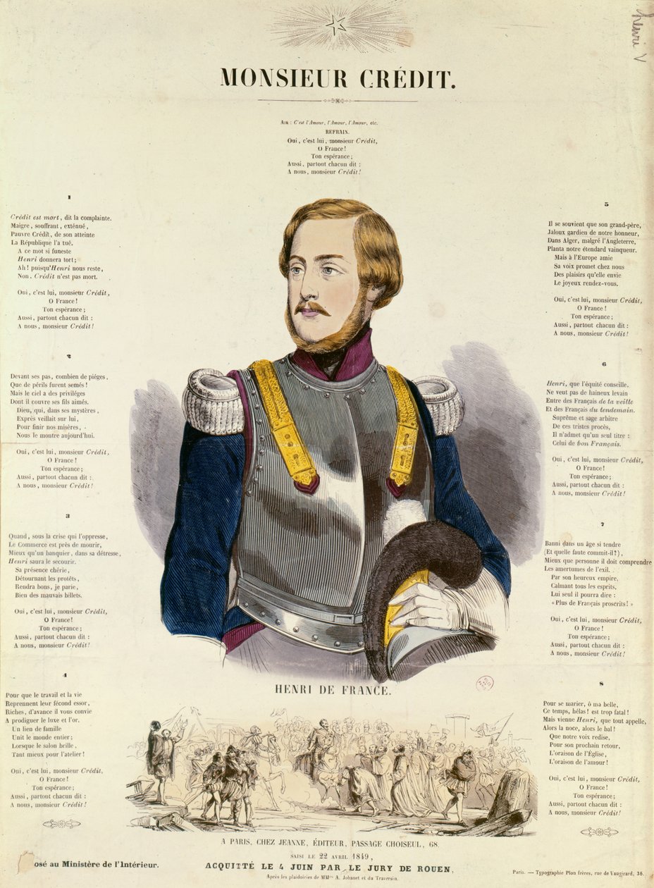 Monsieur Credit, ranskalainen rojalistinen propaganda ylistää Henri Charles Ferdinand Marie Dieudonnea Ranskasta, Bordeaux