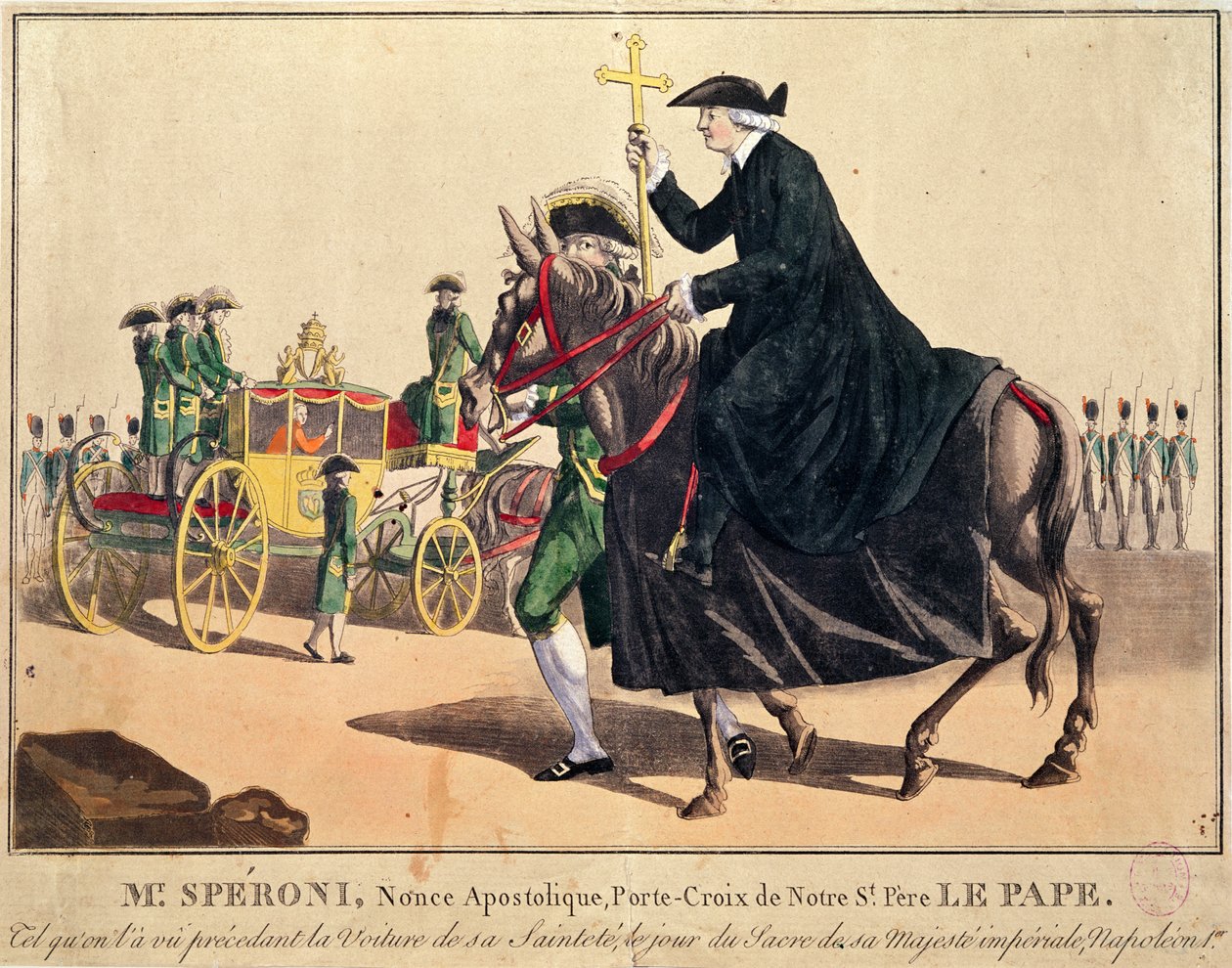 Monsignor Speroni, joka kantaa paavin ristiä, edeltää paavi Pius VII:tä matkalla Notre-Damen katedraaliin Pariisiin keisari Napoleonin ja keisarinna Josephinen kruunajaisiin 3. marraskuuta 1804 (väri tekijältä French School