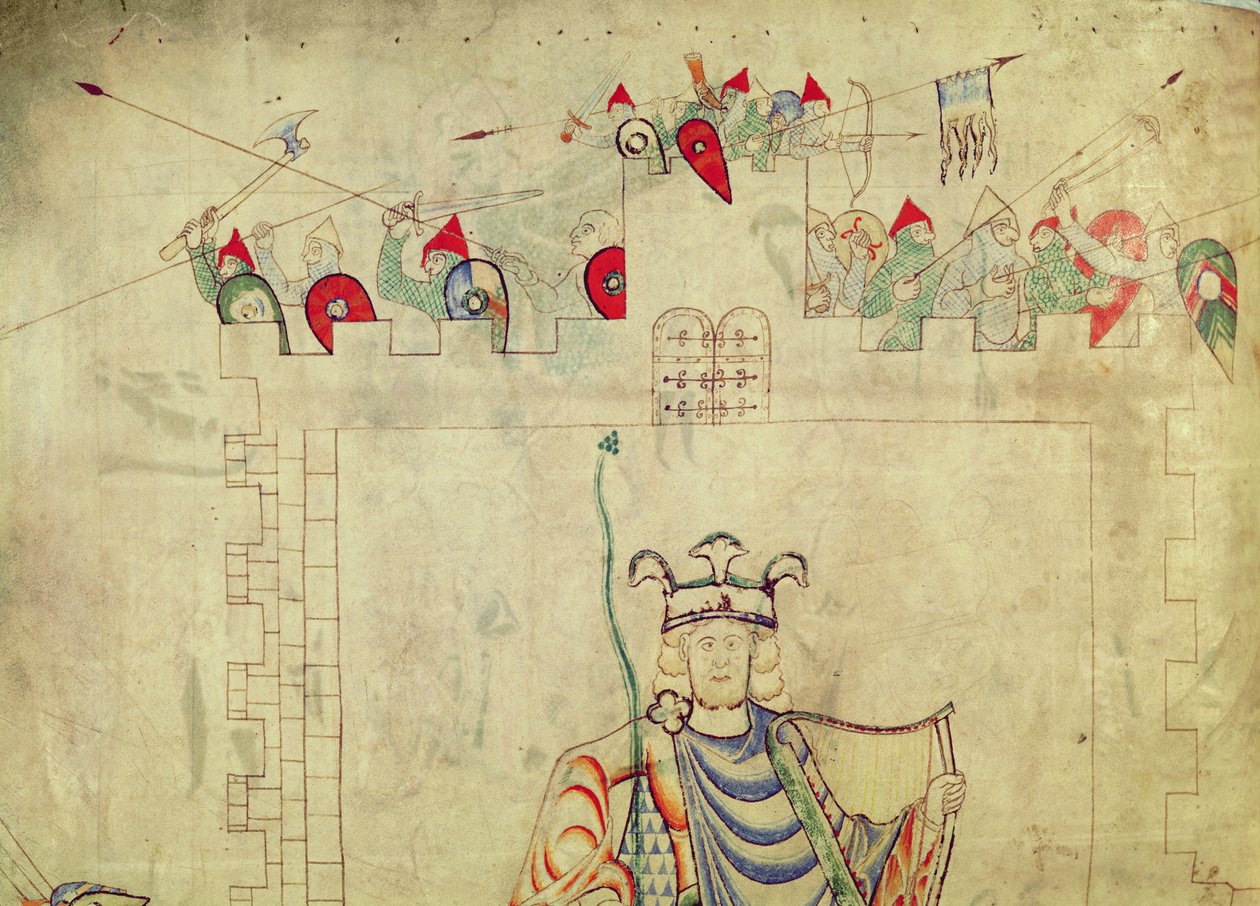 Ms 1215 t.3 fol.13v Kuningas David Istuu Majesteetissa Jerusalemin keskustassa, yksityiskohta sotilaista valleilla, St. Etienne Hardingin Raamatusta tekijältä French School