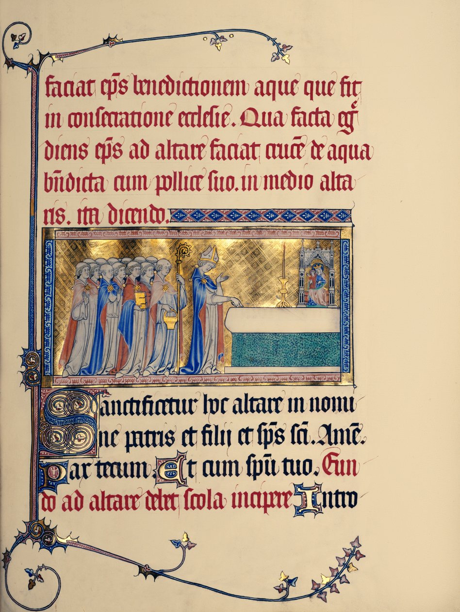 Ms 298 f.30r Kirkon vihkiminen, Metzin paavillinen, n. 1302-1316 (kultalehti ja tempera pergamentilla) tekijältä French School