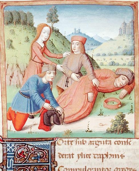 Ms 493 f.12v Paimenet ja Aegle sitovat nukkuvan Silenuksen, Vergiliuksen Ecloges-kirjasta Serviuksen kommentilla, 1469 tekijältä French School