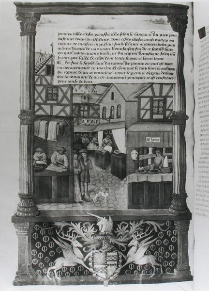 Ms 5062 fol.149v Katu, jolla on kauppoja ja Robert Stuartin vaakuna, Marechal dAubigny Lucrece, Gilles de Romen Livre de Gouvernement des Princesistä tekijältä French School