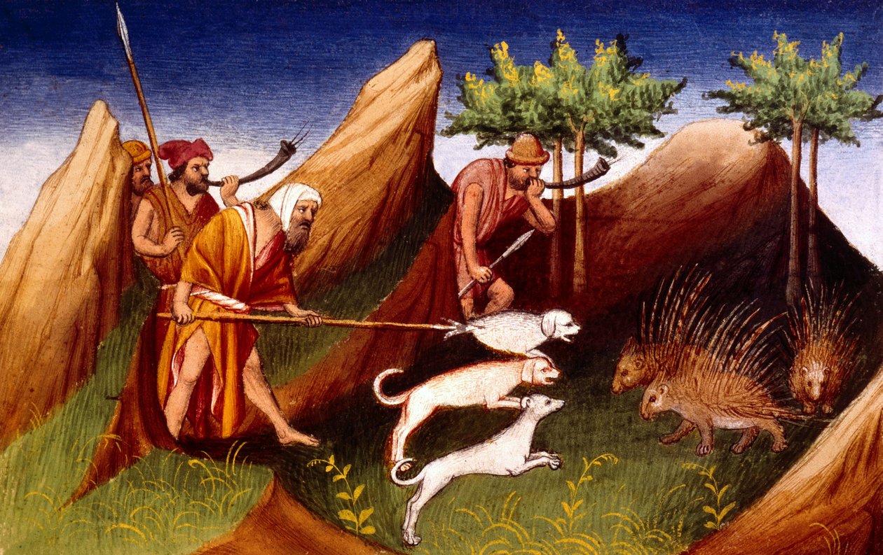 Ms Fr 2810 f.18, Porcupine metsästys Badakhehanissa, Livre des Merveilles du Monde, n. 1410-12 (tempera vellum) tekijältä French School