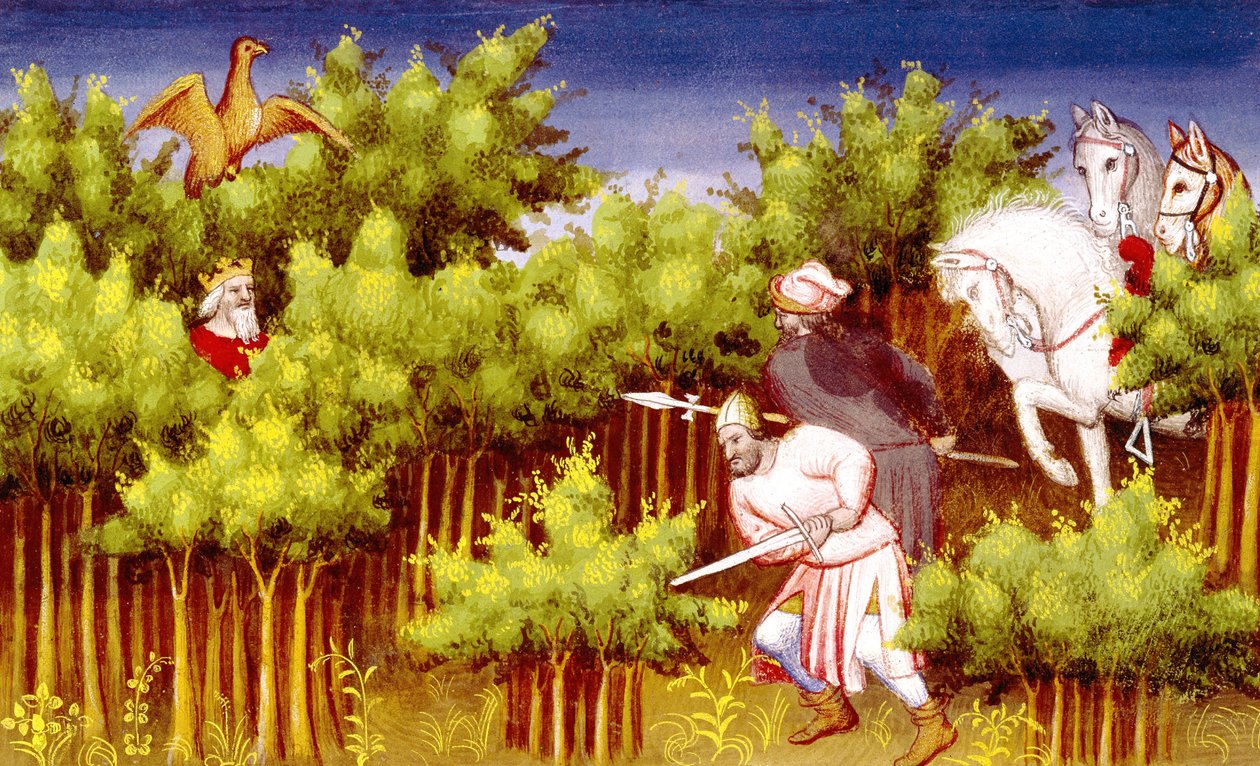 Ms Fr 2810 f.200v, Tšingis-kaani pakenee vihollisiaan piiloutumalla pensaisiin Livre des Merveilles du Mondesta, n. 1410-1412 (tempera vellum) tekijältä French School