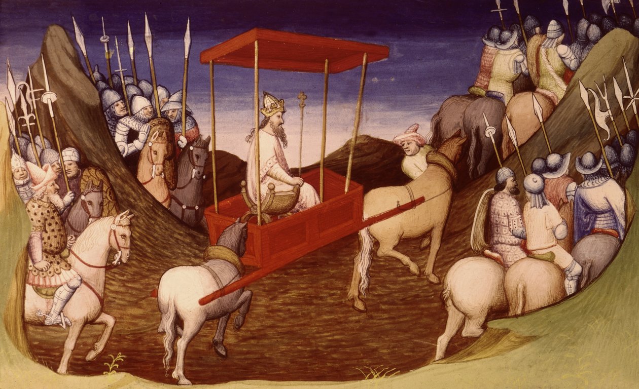 Ms Fr 2810 f.204, Suuri kaani saapuu saattajineen, Livre des Merveilles du Monde -teoksesta, noin 1410-12 (tempera pergamentilla). tekijältä French School