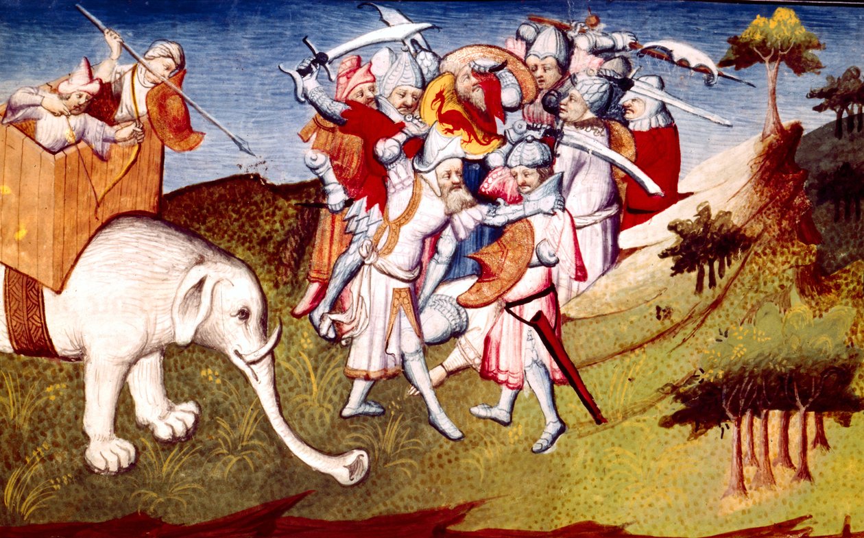 Ms Fr 2810 f.33, Marco Polo taistelussa Tšingis-kaanin ja hänen setänsä Nouernin välillä, kuva Livre des Merveilles du Mondesta, n. 1410-1212 (tempera vellum) tekijältä French School