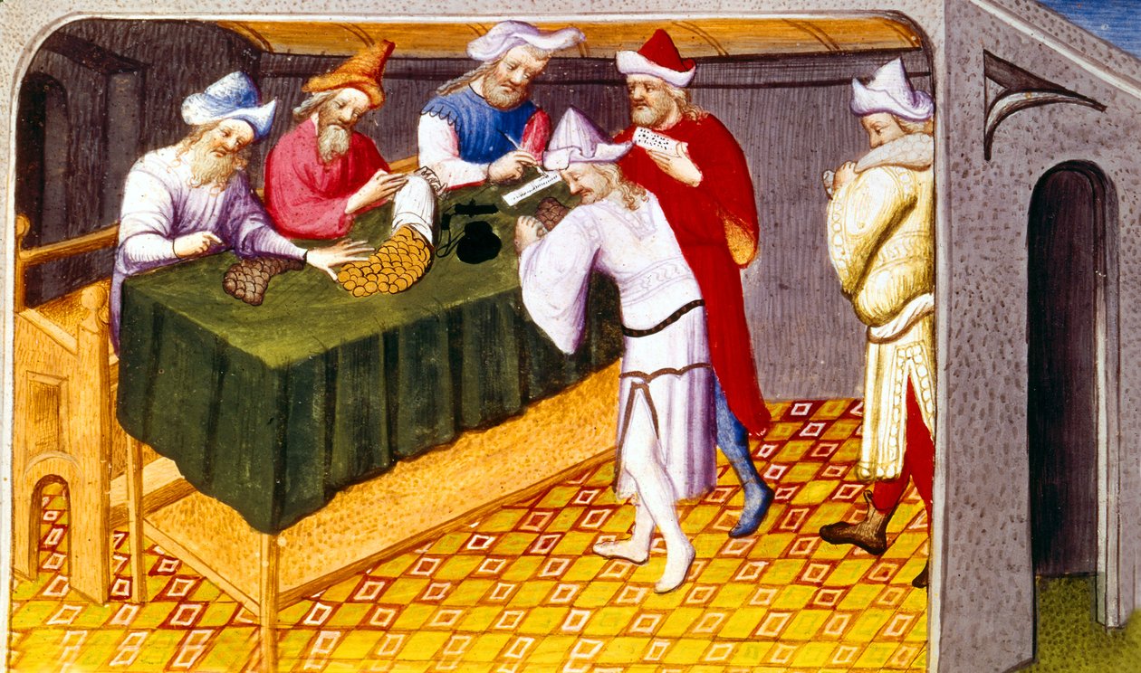 Ms Fr 2810 f.69, Tšingis-kaanin suolasta, sokerista ja mausteista perimä vero Quinsayn kaupungissa, Livre des Merveilles du Monde, n. 1410-1212 (tempera on vellum) tekijältä French School