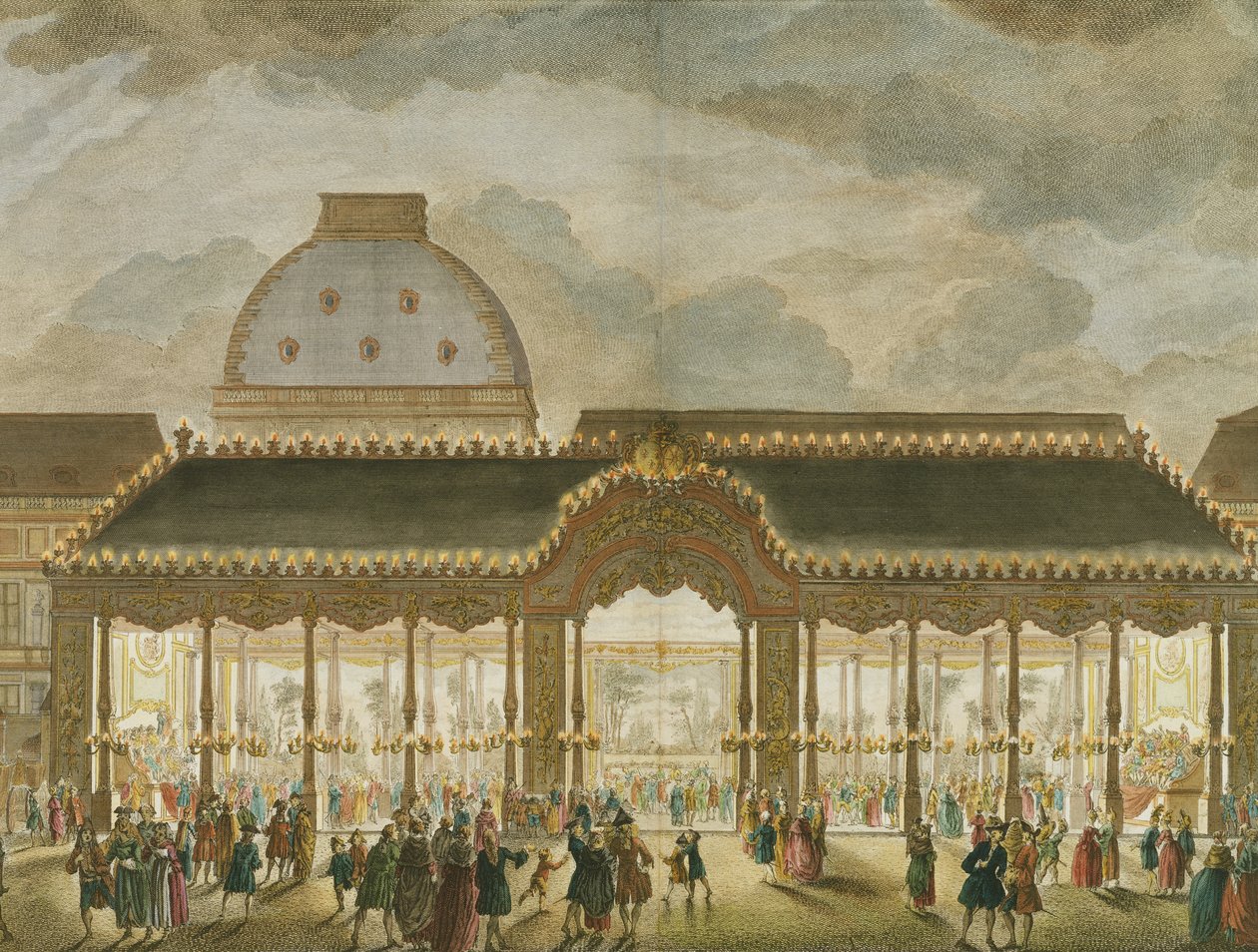 Perspektiivinäkymä karusellihuoneesta, joka on rakennettu monseigneur Le Dauphinin avioliittoa varten (yksityiskohta 174858), kaiverrus Oubrier (värikaiverrus) tekijältä French School