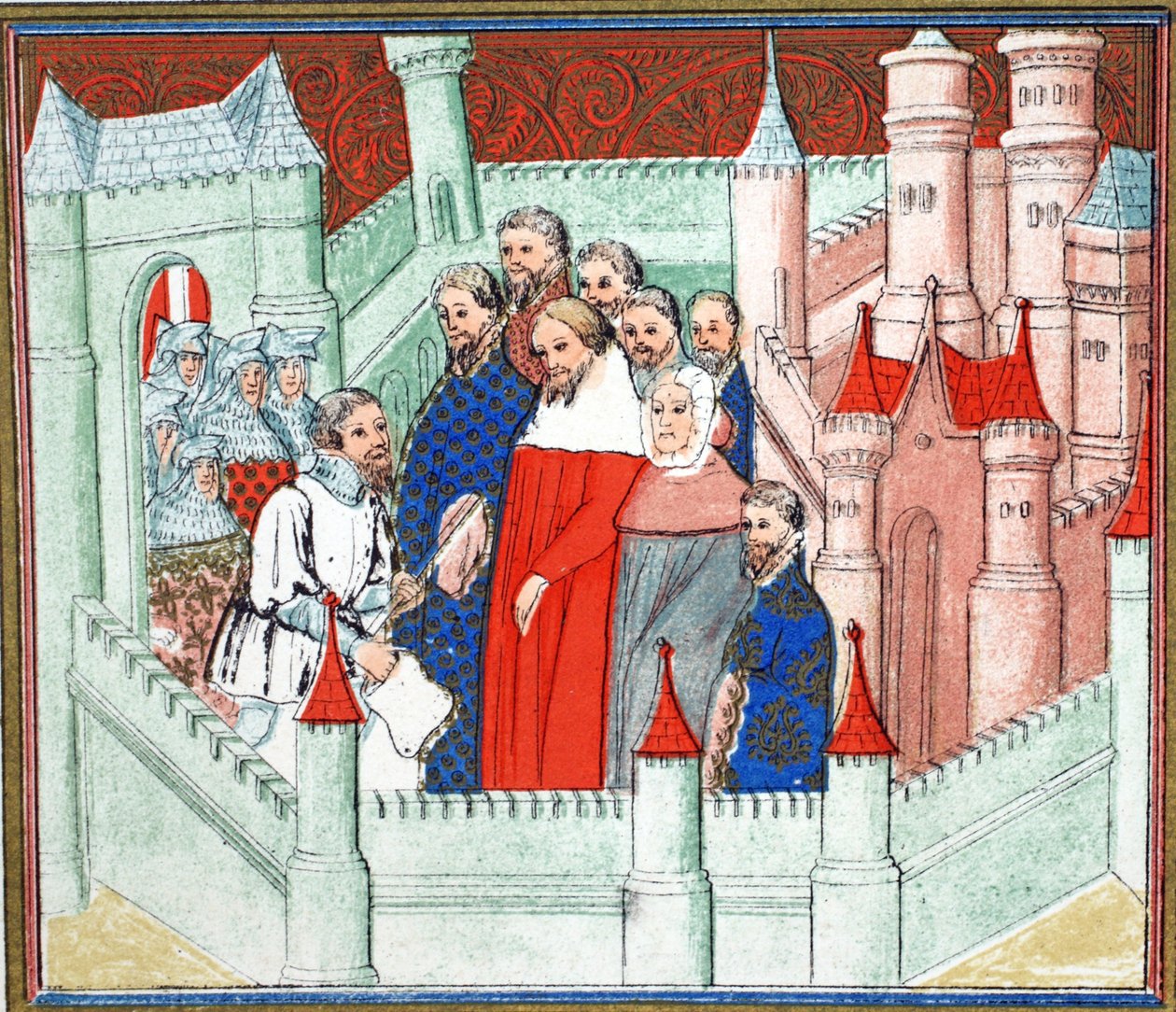 Richard II Flintin linnassa, jossa hänet toimitettiin vangiksi Bolingbrokelle, hänen kilpailijalleen valtaistuimelle, faksikopio Jean Cretonin Le Prinse et Mort du Roy Richartista, uusintapainos 1800-luvulta (väri tekijältä French School