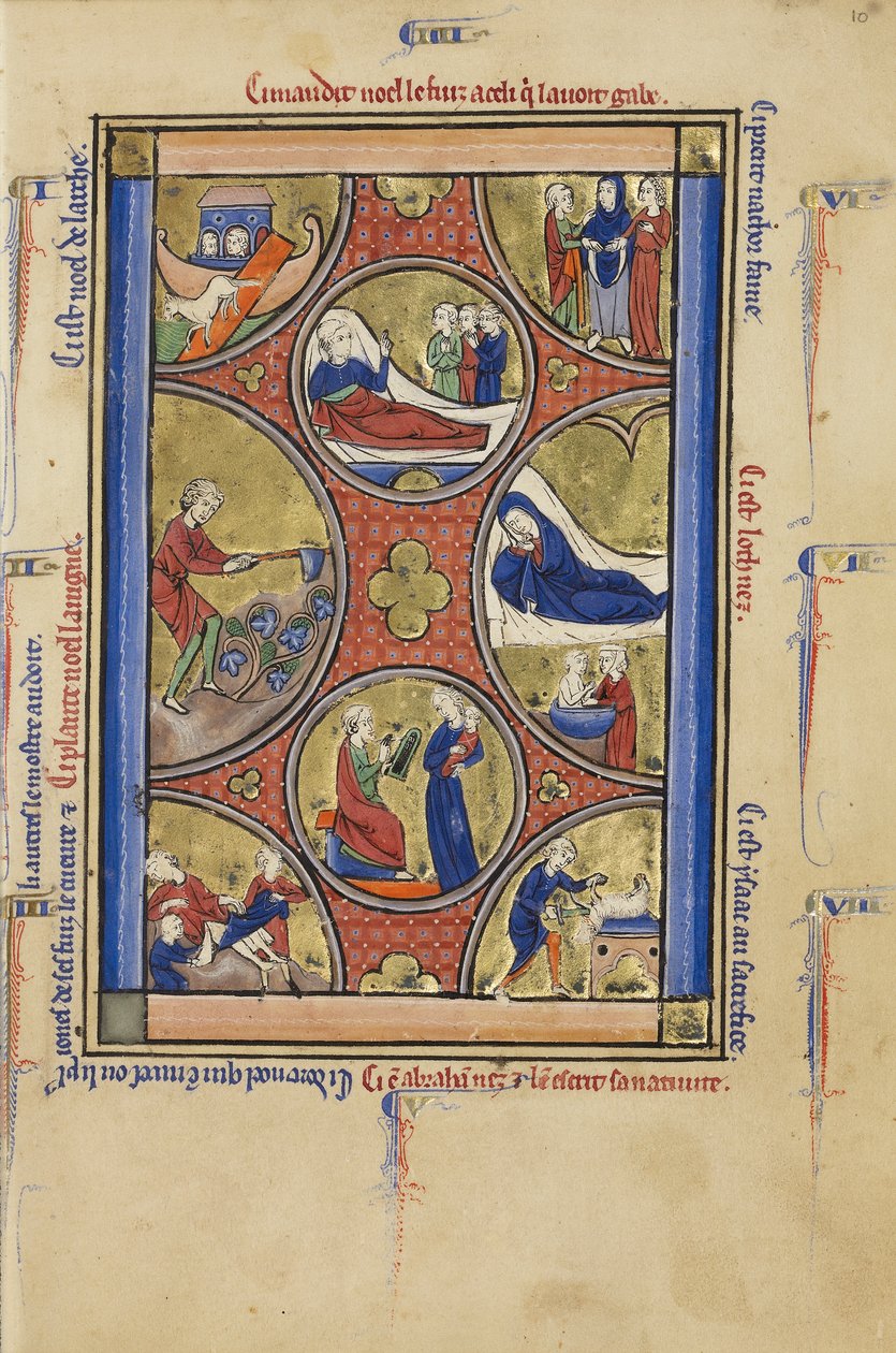 Kohtauksia Nooan ja Abrahamin elämästä, n. 1250-1260 (tempera, lehtikulta ja muste pergamentilla) tekijältä French School
