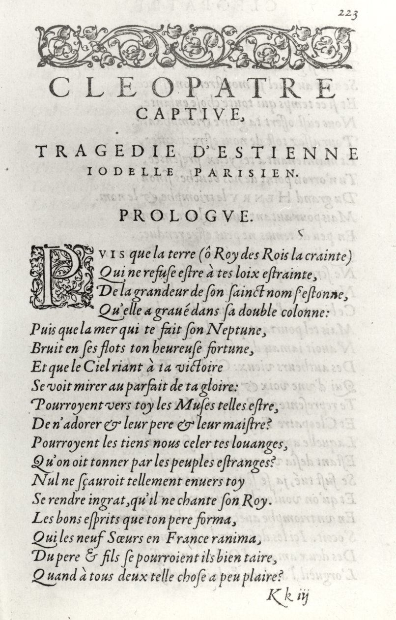 Etienne Jodellen (1532-73) Cleopatre Captiven otsikkosivu 1574 tekijältä French School