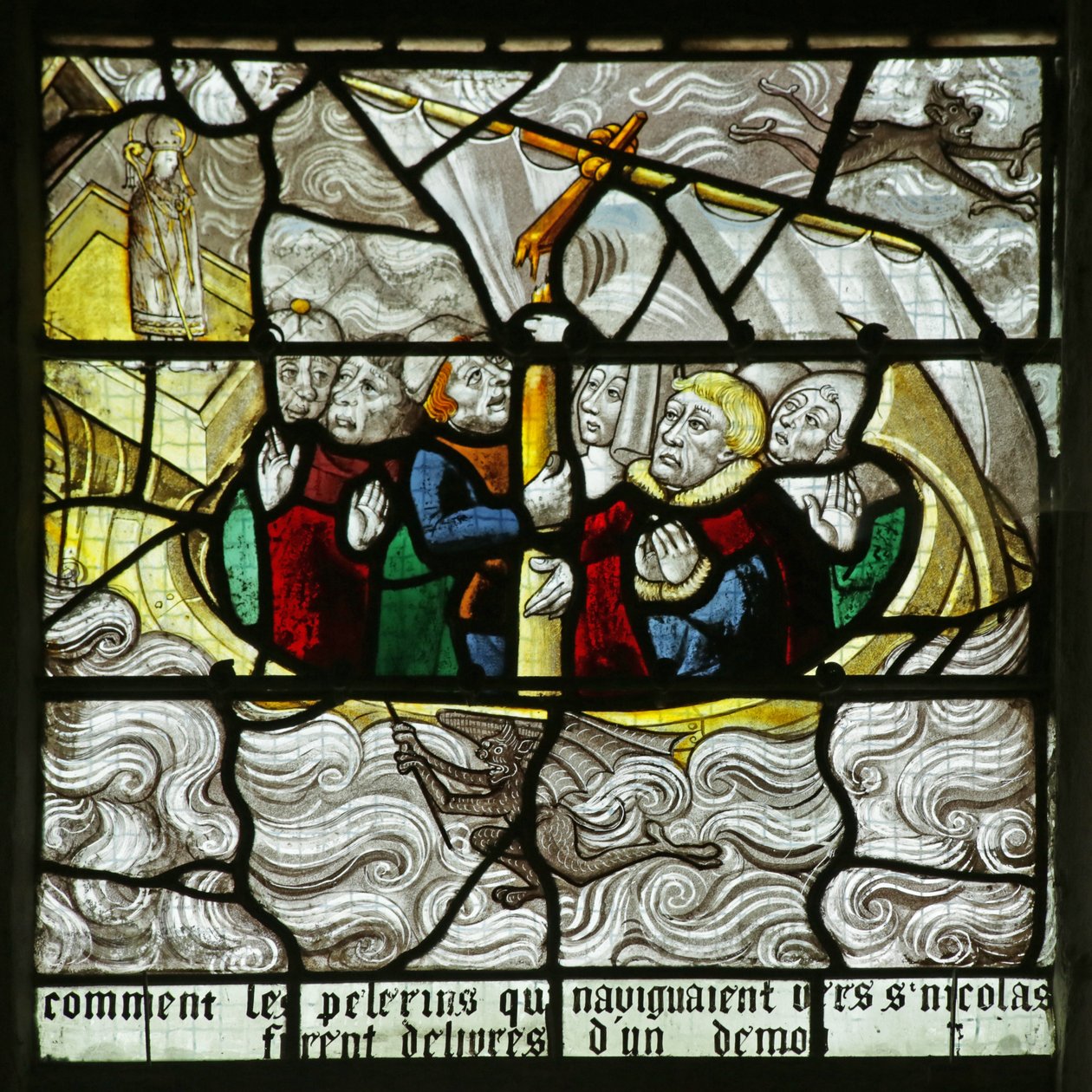 Ikkuna, jossa Pyhä Nikolaus ilmestyy ja pelastaa matkustajia heidän laivansa uppoamisen yhteydessä, 1460-1470. tekijältä French School