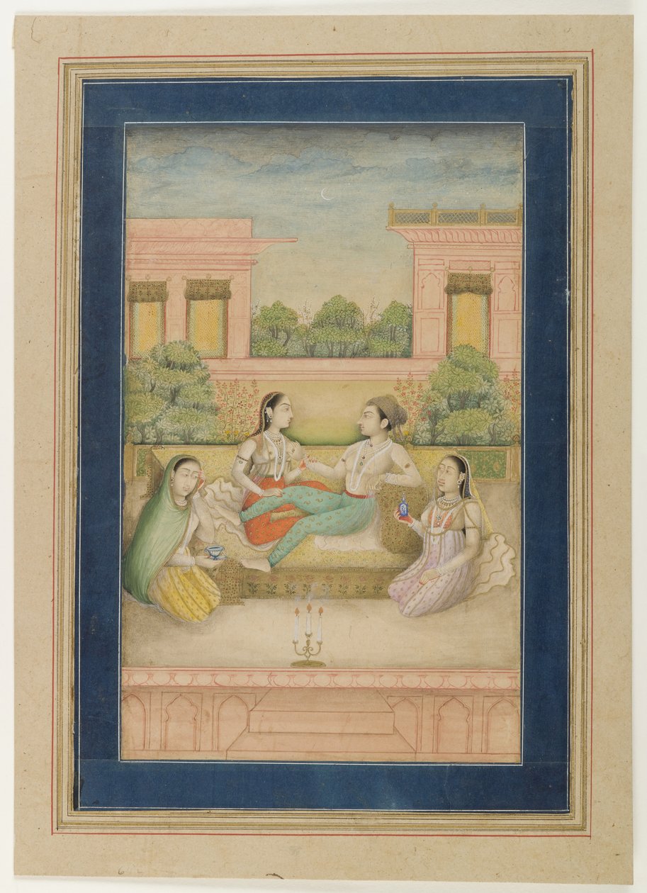 Prinssi ja hänen puolisonsa terassilla, n. 1800 (läpinäkymätön wc paperilla) tekijältä Indian School