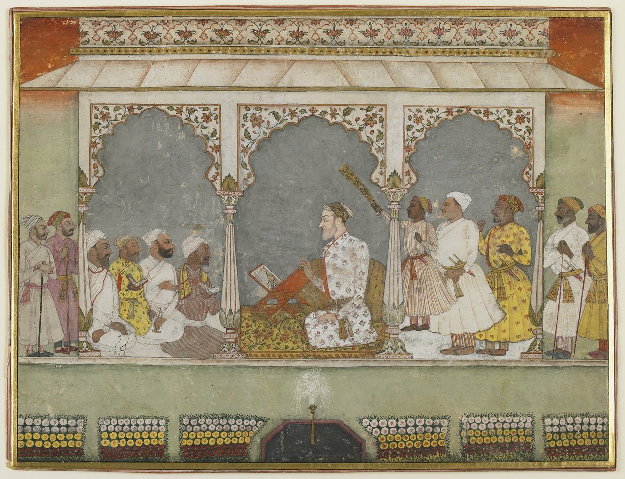 Koraanin lukeminen hovissa, Albumin folio maalauksella, 1700-luvun puoliväli (läpinäkymätön akvarelli paperille) tekijältä Indian School