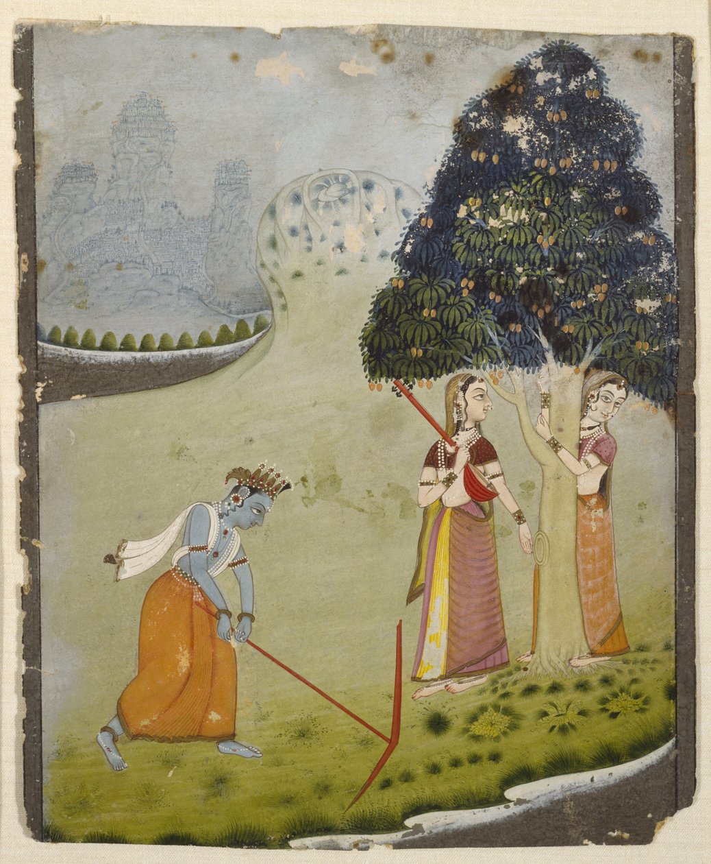 Balaram piirtää vettä Krishnalle, 1700-luvun puoliväli (tempera paperille) tekijältä Indian School