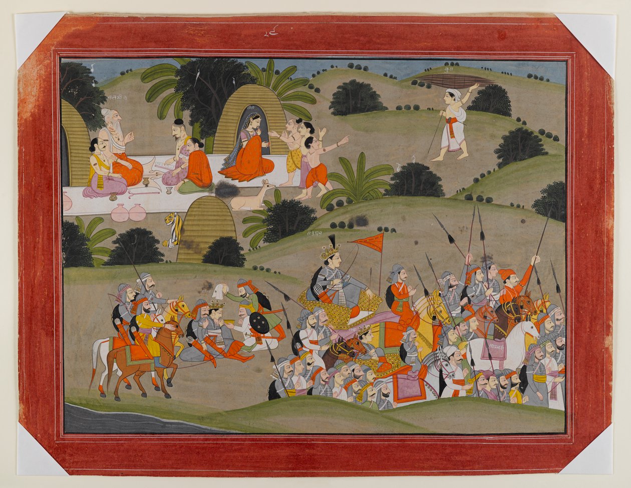 Taistelu Lavan ja Ramasin veljen Shatrughnan välillä lähellä Valmikin erakkoa, sivu hajallaan olevasta Ramayana-sarjasta, n. 1820 (läpinäkymätön wc ja kultaa paperilla) tekijältä Indian School