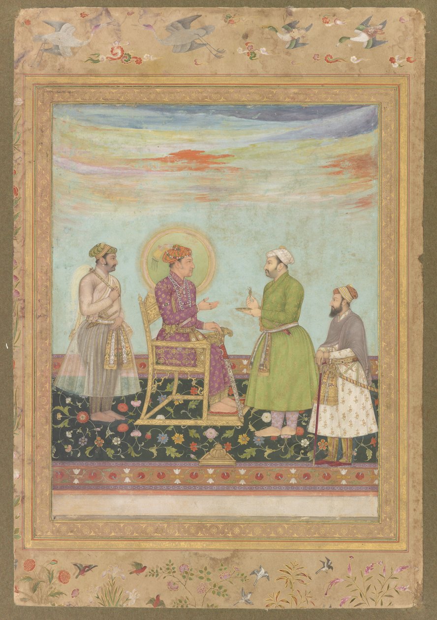 Jahangir Asaf Khanin ja Shayista Khanin kanssa, Late Shah Jahan -albumista, n. 1650 (wc, mustetta ja kultaa paperilla) tekijältä Indian School