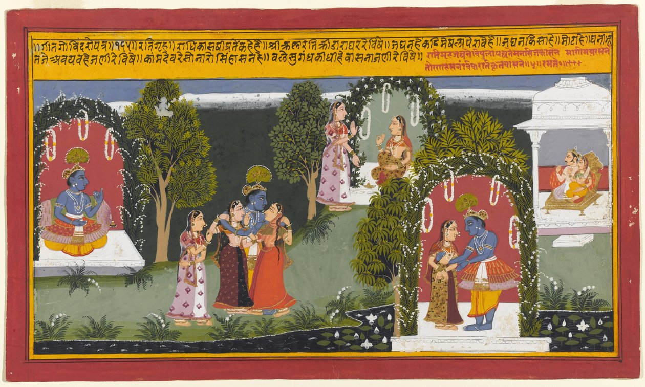 Kama ja Rati todistavat Krishnan ja Radhan jälleennäkemistä, sivu Gita Govinda -sarjasta, 1714 (läpinäkymätön wc ja kultaa paperilla) tekijältä Indian School