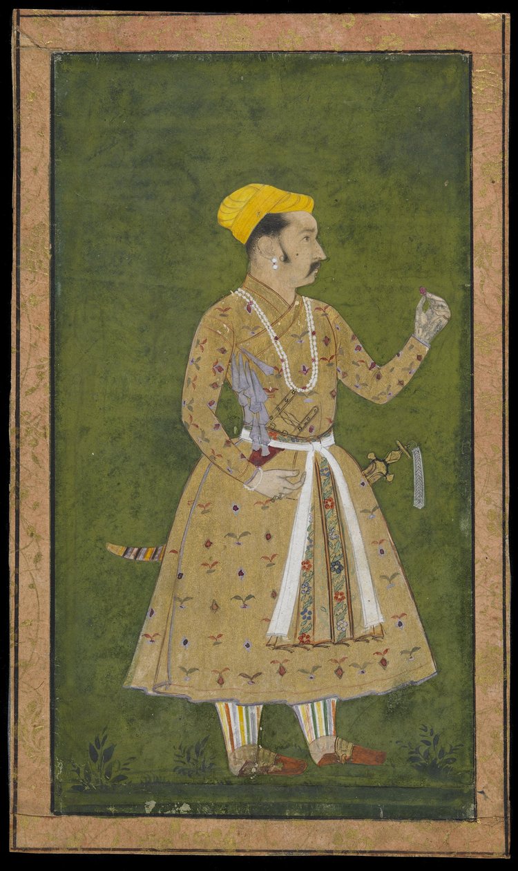 Prinssi kädessään kukka, irrotettu albumifolio maalauksella, n. 1740 (läpinäkymätön akvarelli ja kulta paperilla) tekijältä Indian School