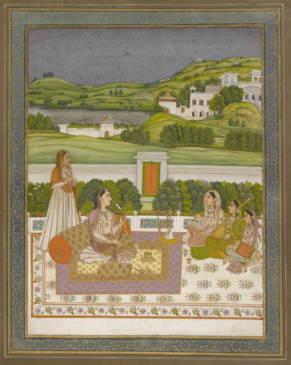 Musiikkia kuunteleva prinsessa, 1775-80 (guassi, kultaa ja hopeaa paperilla) tekijältä Indian School