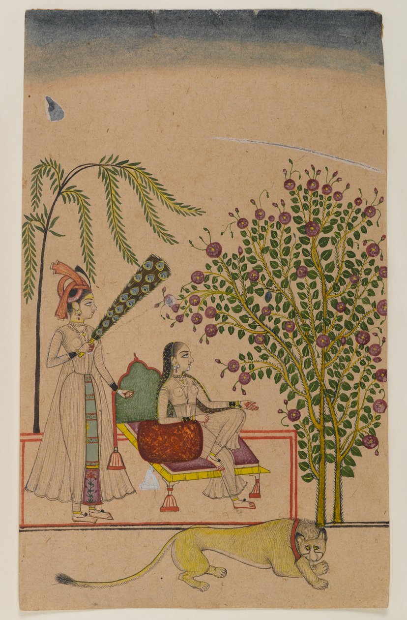 Istuva prinsessa palvelijan ja leijonan kanssa, n. 1750 (läpinäkymätön wc paperilla) tekijältä Indian School