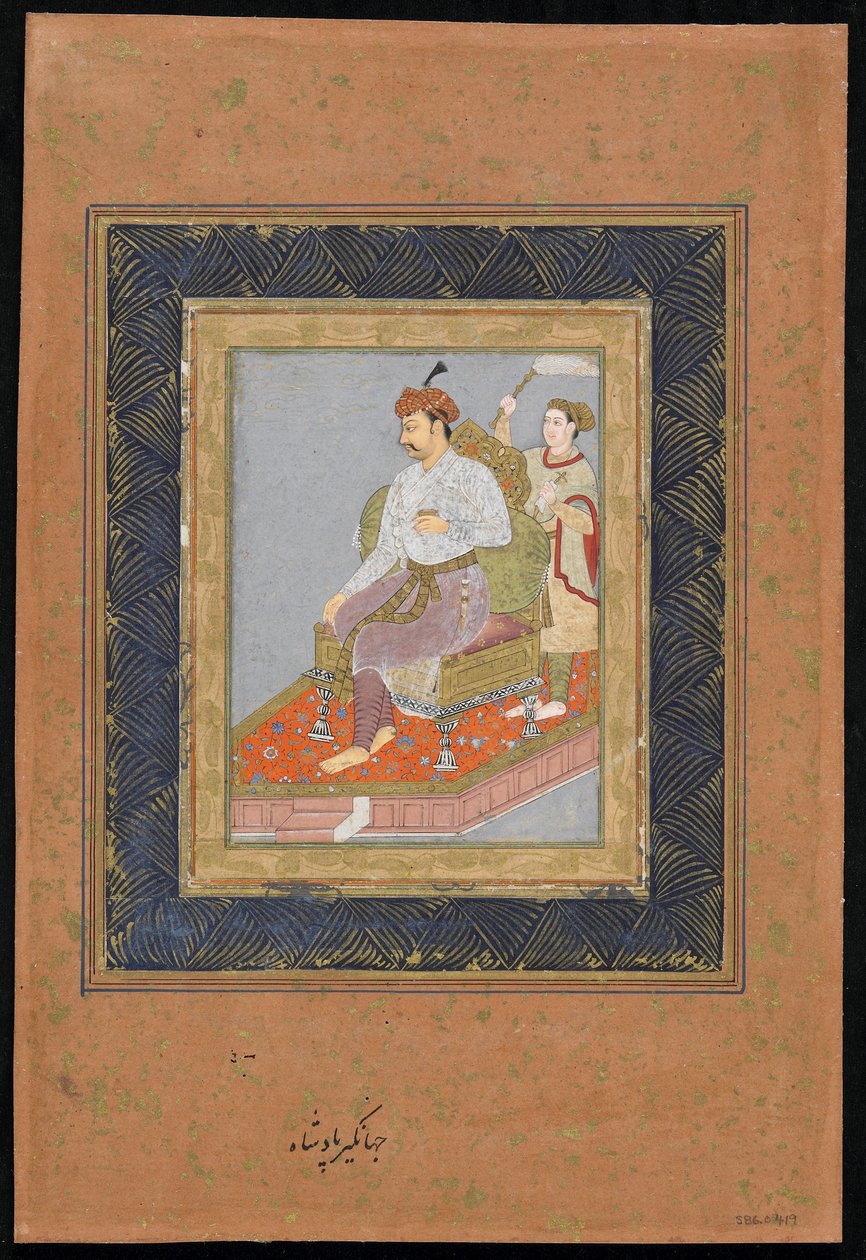 Istuva prinssi hoitajan kanssa, irrotettu albumifolio maalauksella, n. 1900 (läpinäkymätön akvarelli, mustetta ja kultaa paperilla) tekijältä Indian School