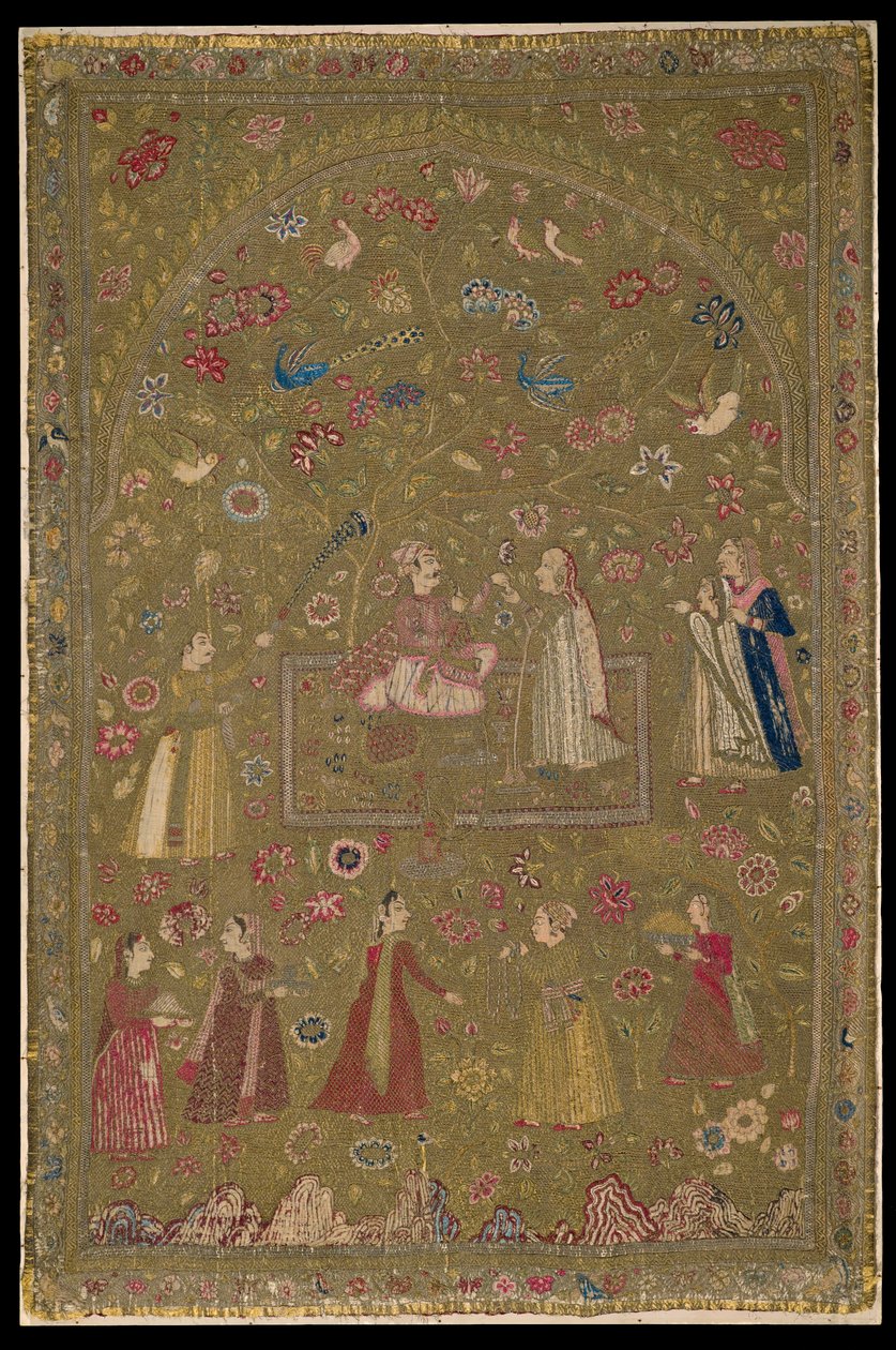 Tekstiiliripustus, 1600-luvun alku (silkki, metalli ja puuvilla) tekijältä Indian School
