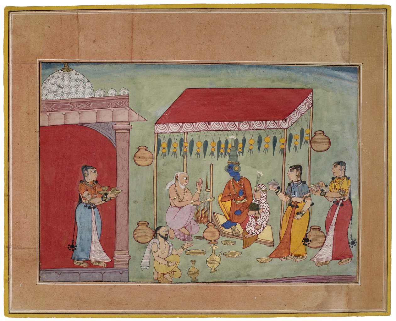 Krishnan ja Rukminin häät, 1590-1600 (guassi kullalla paperilla) tekijältä Indian School