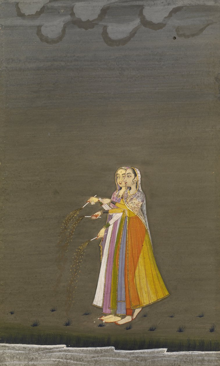 Kaksi Nautch Girls with Sparklers kanssa virtaa Diwali-festivaalin yönä, Bikaner-tyyli, 1790-1800 (albumin lehti; guassi hopealla ja kullalla paperilla) tekijältä Indian School