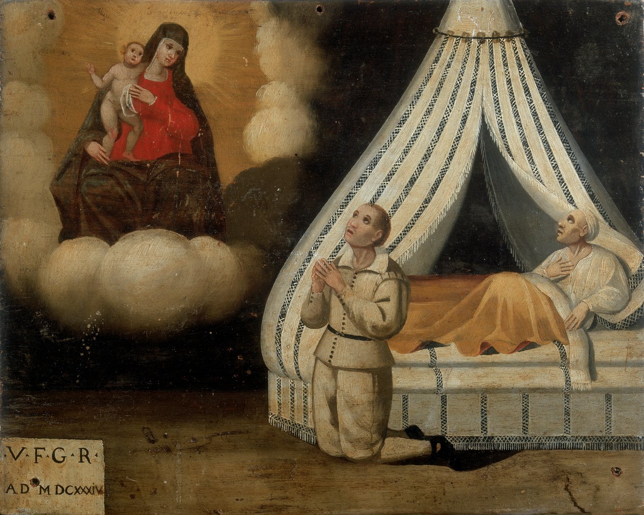 Mies sängyssä sairauden aikana; vasemmalla sama mies rukoilee Kaaren Madonnalta saamaansa armoa, Ex-voto, 1603 tekijältä Italian School
