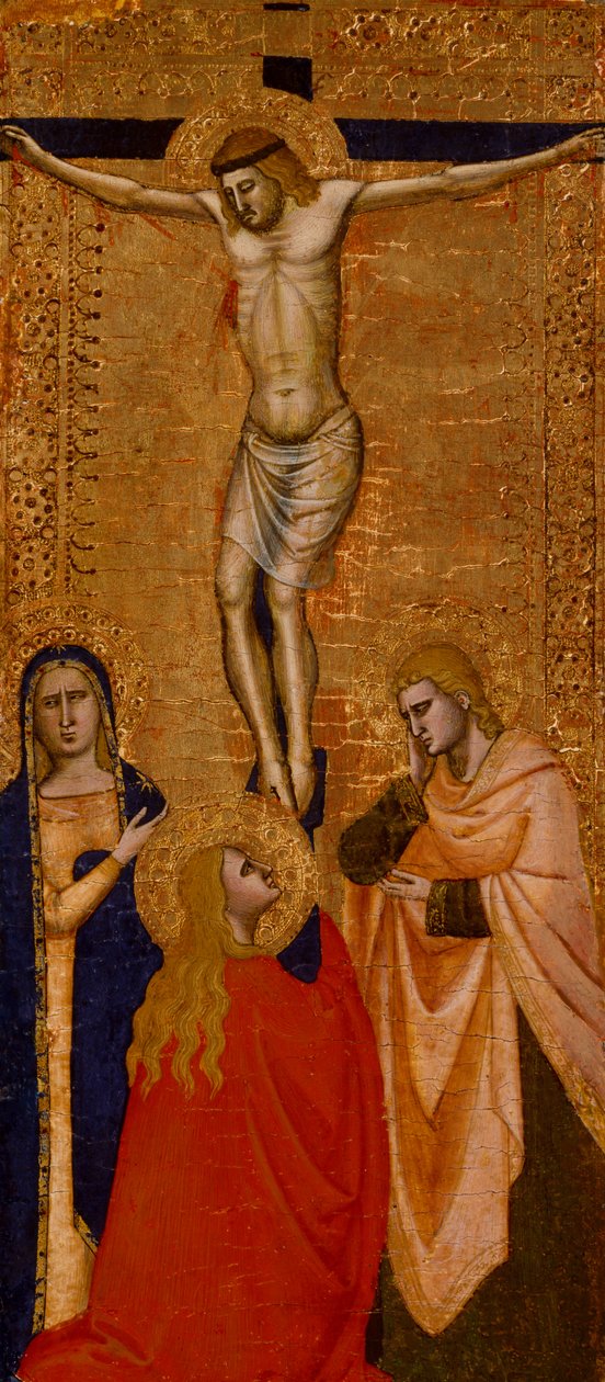 Kristus ristillä Neitsyen, Pyhän Johanneksen ja Maria Magdaleenan kanssa, n. 1360-1380 (tempera ja lehtikulta puussa) tekijältä Italian School