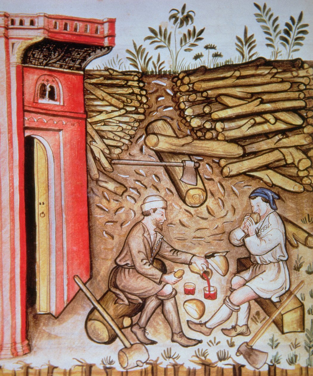 Fol.64r Syö leipää ja juo viiniä, kuva Tacuinum Sanitatis Codex Vindobonensis tekijältä Italian School