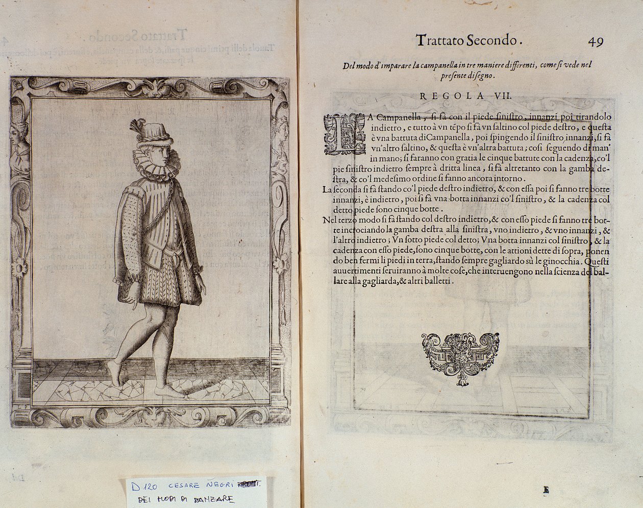 Kuinka tanssia campanellaa Italialaisen tanssijan Cesare Negrin Le Gratie dAmore (Le Grazie dAmore) kaksoissivu nimeltä Il Trombone (1536-1604), tanssisopimus tekijältä Italian School