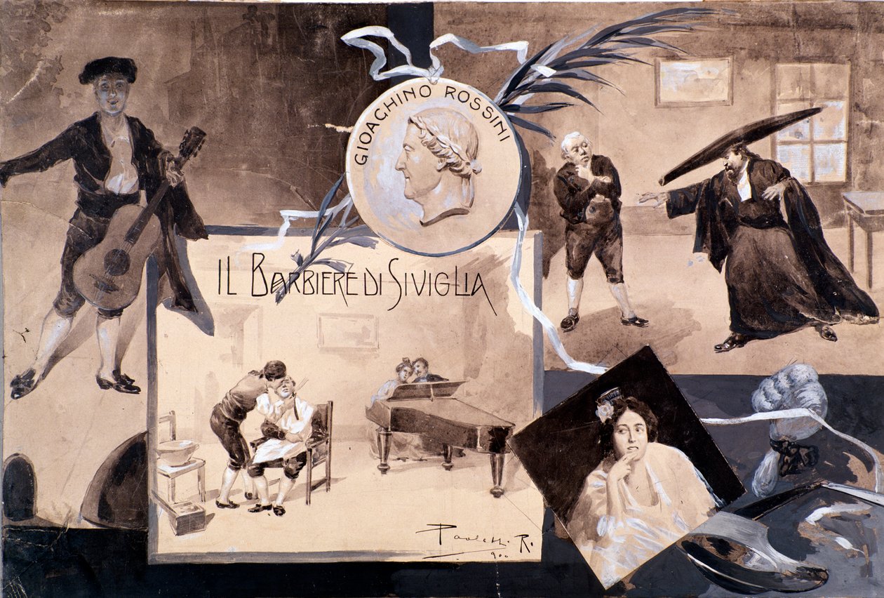 Kuvitukset oopperaan Sevillan parturi, Gioachino Rossini tekijältä Italian School