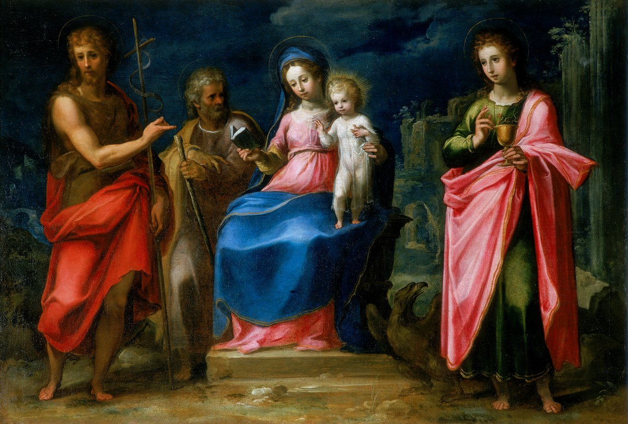 Madonna ja lapsi Pyhän Joosefin, Pyhän Johannes Kastajan ja Pyhän Johannes evankelistan kanssa tekijältä Italian School