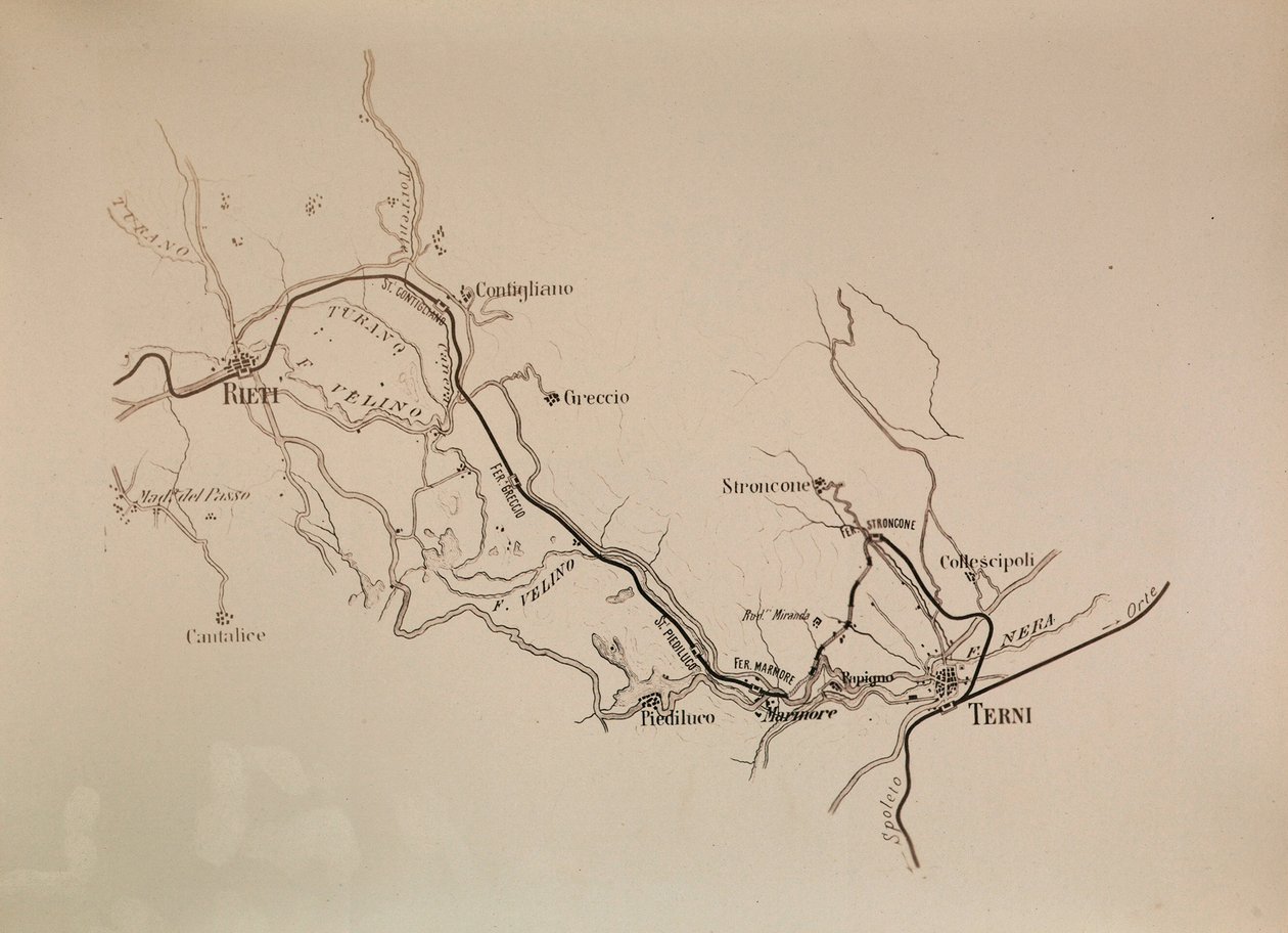 Societa Italiana eteläisille rautateille: kartta Terni-Rieti -radalta, 1883 tekijältä Italian School