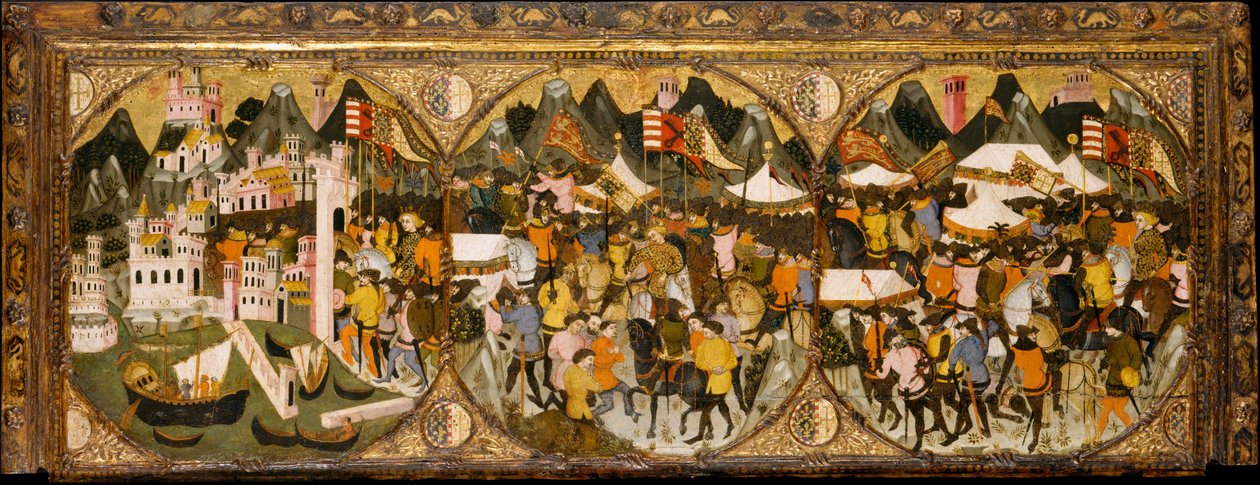 Napolin valloitus, 1381-82 (tempera puulle, kohokuvioitu ja kullattu ornamentti). tekijältä Italian School