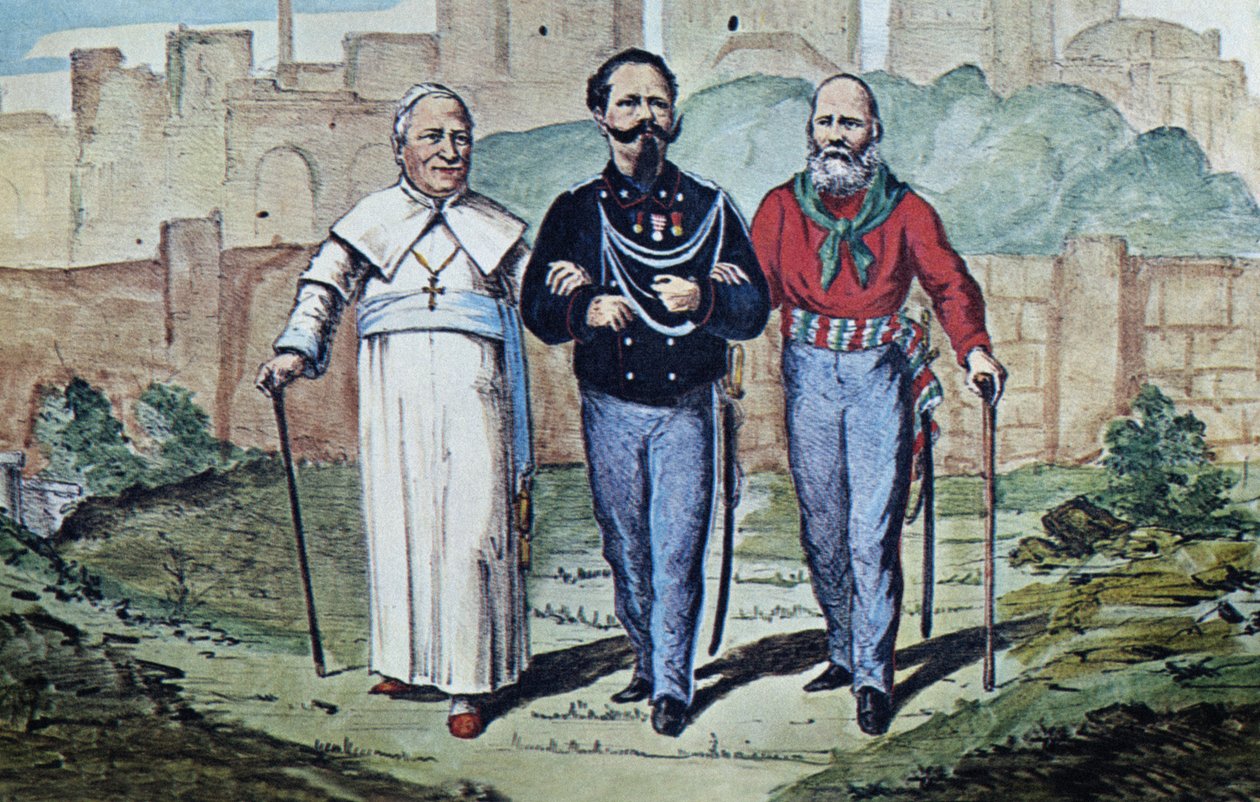 Täydellinen kolminaisuus: Viktor Emmanuel II ja Garibaldi, 1870 (akvarellipainatus) tekijältä Italian School