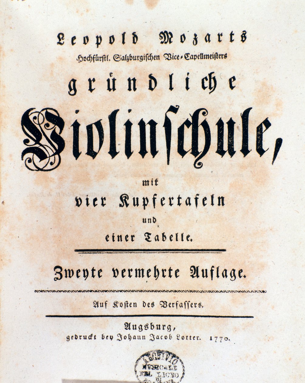 Wolfgang Amadeuksen isän Leopold Mozartin (1719-1787) viulumenetelmän nimisivu tekijältä Italian School