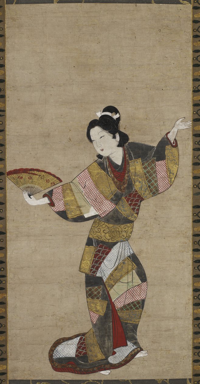 Tanssija tuulettimen kanssa, c. 1640-1650 (muste, väri, kulta ja kuorenvalkoinen paperille) tekijältä Japanese School
