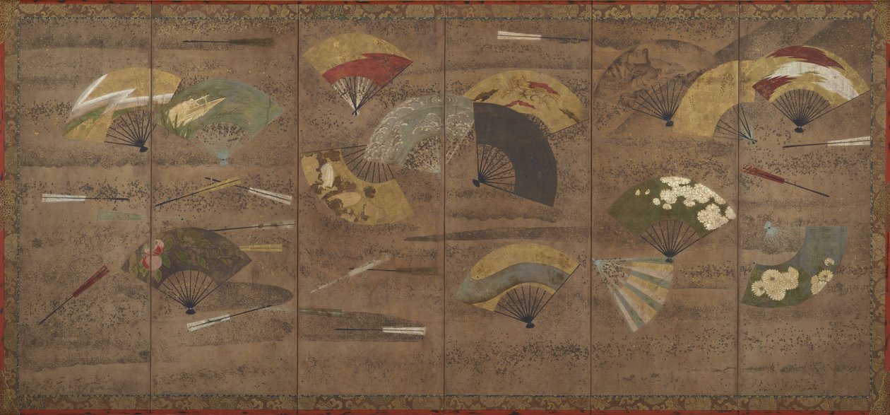Koristetut tuulettimet, näytöt (kuusi paneeli), 1600-luvun alku (väri, muste ja kulta paperille) tekijältä Japanese School